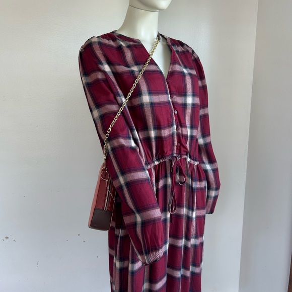time and tru L Plaid Button-Front Drawstring Waist Dress in Burgundy l new - Picture 2 of 6